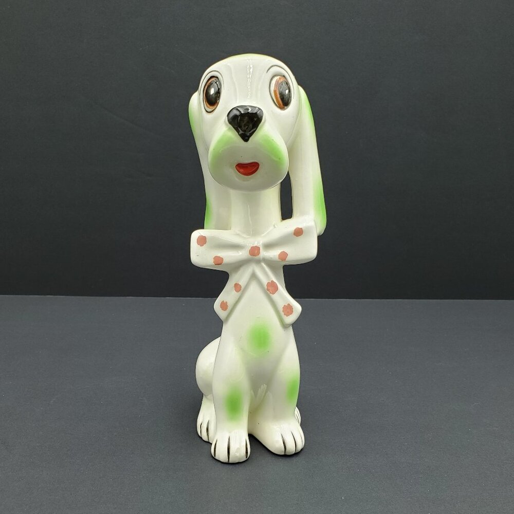Kitschy Green & White Dog Figurine Anthromorphic Japan Dog with Bowtie Statue